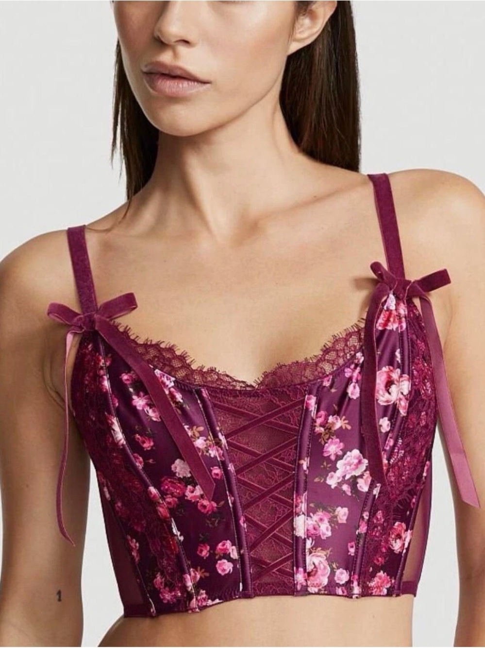 Victoria's Secret Lace Up Burgundy Floral Corset - Size Large *NEW*